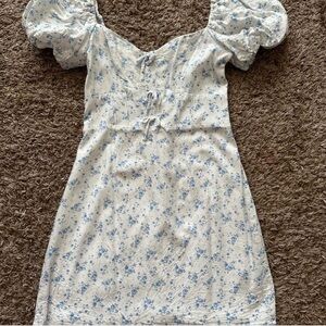 Altar'd State White and Light Blue Floral Puff Sleeve Dress